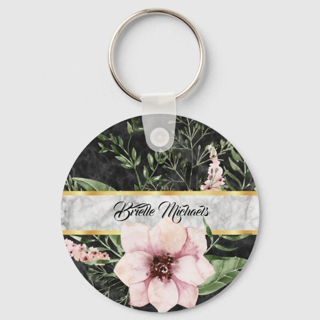 Elegant Black Marble Pink Floral With Name Key Ring (Front)