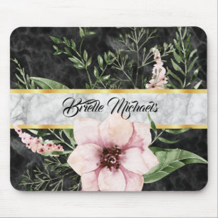 Elegant Black Marble Pink Floral With Name Mouse Pad