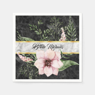 Elegant Black Marble Pink Floral With Name Napkin