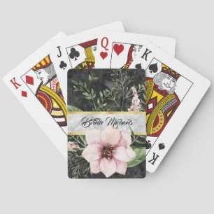 Elegant Black Marble Pink Floral With Name Playing Cards