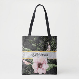 Elegant Black Marble Pink Floral With Name Tote Bag