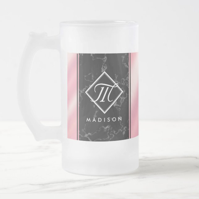 Elegant Black Marble & Pink Foil Monogram Frosted Glass Beer Mug (Left)