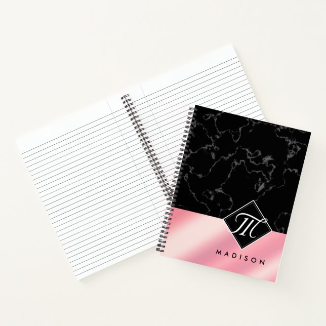 Elegant Black Marble & Pink Foil Monogram Notebook (Inside)