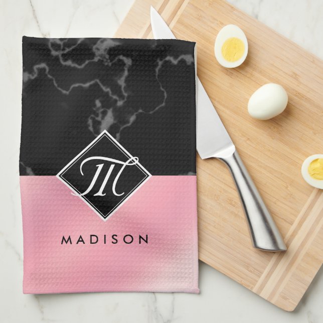 Elegant Black Marble & Pink Foil Monogram Tea Towel (Quarter Fold)