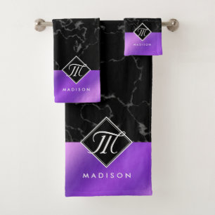 Elegant Black Marble & Purple Foil Monogram Bath Towel Set