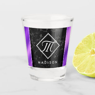 Elegant Black Marble & Purple Foil Monogram Shot Glass