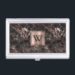 Elegant Black Marble Rose Gold Monogram Business Card Holder<br><div class="desc">This elegant business card case features a background pattern of black marble embellished with rose gold veins. Personalise it with your monogram initial in black on a double-bordered rose gold faux brushed metal square.</div>