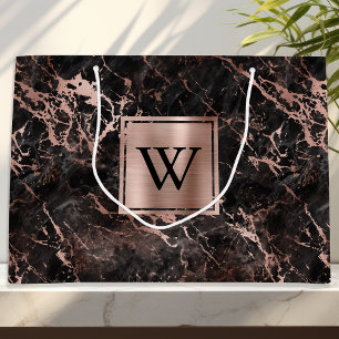 Elegant Black Marble Rose Gold Monogram Large Gift Bag
