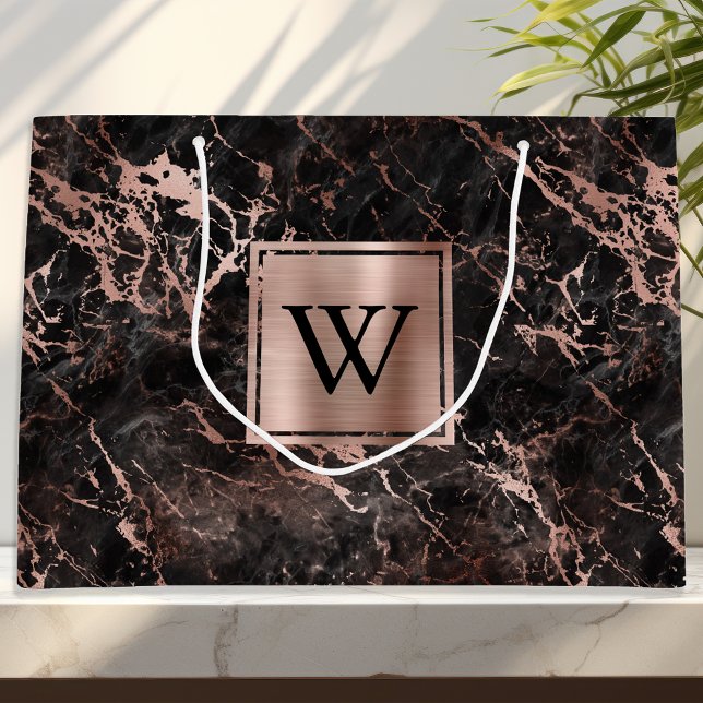 Elegant Black Marble Rose Gold Monogram Large Gift Bag (Creator Uploaded)