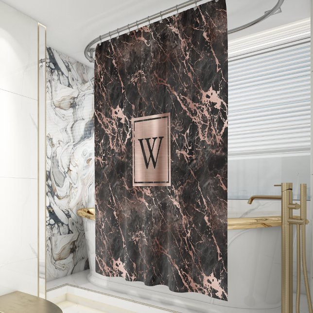 Elegant Black Marble Rose Gold Monogram Shower Curtain (Creator Uploaded)