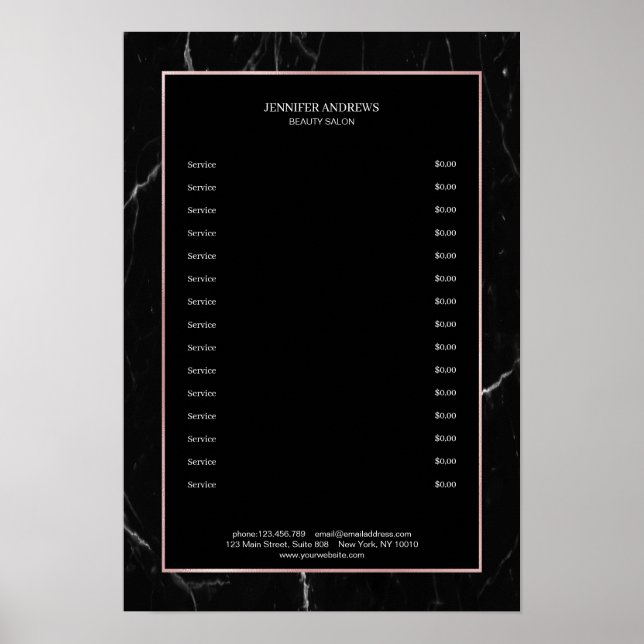 Elegant Black Marble Rosegold Pricelist Poster (Front)