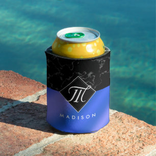 Elegant Black Marble & Royal Blue Foil Monogram Can Cooler