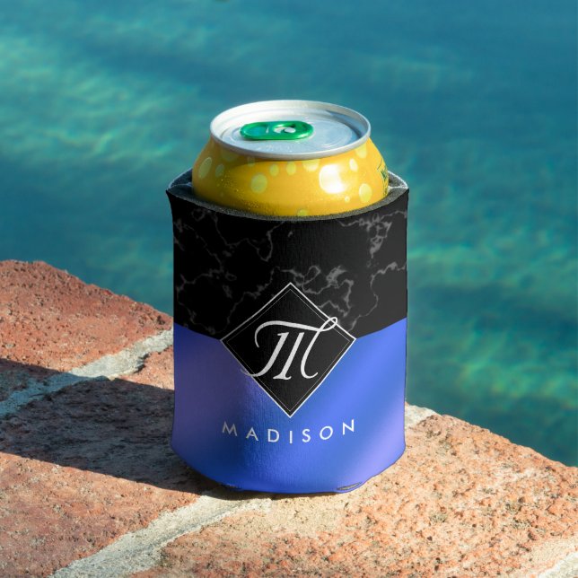 Elegant Black Marble & Royal Blue Foil Monogram Can Cooler (In Situ Pool)