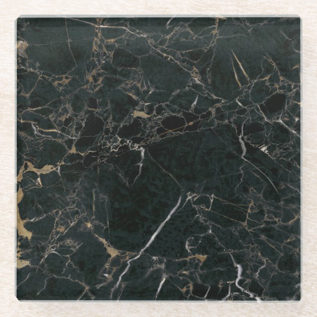 Elegant Black Marble: Textured Background Glass Coaster (Front)