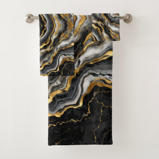 Elegant Black Marble with Gold textured Bath Towel Set