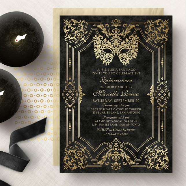 Elegant Black Masquerade Mask Quinceanera Invitation (Creator Uploaded)