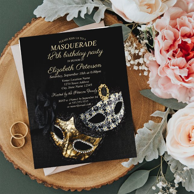 Elegant Black Masquerade, Masque 18th Birthday Invitation Postcard (Creator Uploaded)