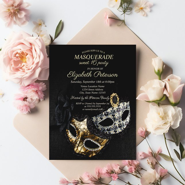 Elegant Black Masquerade, Masque Sweet 16 Invitation Postcard (Creator Uploaded)