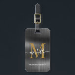 Elegant Black Metal Gold Monogram Initial Script Luggage Tag<br><div class="desc">Girly Stylish Modern Elegant Black Metal and Gold Monogram Initial Name Script Custom Personalised Personalised Luggage Bag Tag. This design featuring a first name in a pretty hand lettered swash tail font calligraphy (or typography) with monogram initial, full name, address info in gold on black faux mettalic foil background. These...</div>