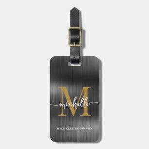 Elegant Black Metal Gold Monogram Initial Script Luggage Tag