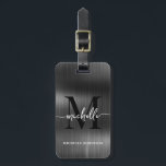 Elegant Black Metal Monogram Initial Script Luggage Tag<br><div class="desc">Girly Stylish Modern Elegant Monogram Initial Name Script Black Metal Custom Personalised Personalised Luggage Bag Tag. This design featuring a first name in a pretty hand lettered swash tail font calligraphy (or typography) with monogram initial, full name, address info on black faux mettalic foil background. These are easy to customise...</div>