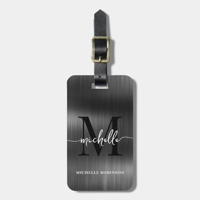 Elegant Black Metal Monogram Initial Script Luggage Tag (Front Vertical)