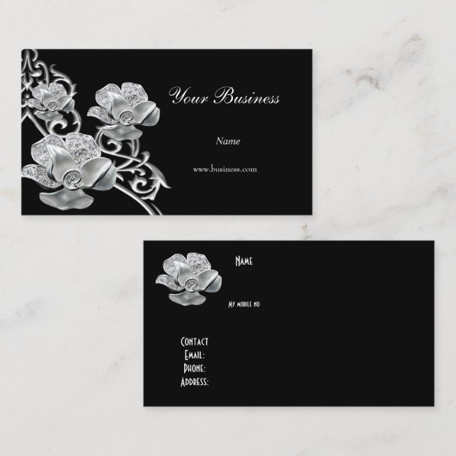 Elegant Black Metal Silver Look  Jewel Floral Business Card (Front/Back)