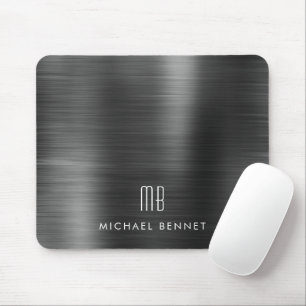 Elegant Black Metallic Monogram Name Mouse Pad