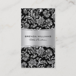 Elegant Black & Metallic Silver Floral Damasks 2 Business Card