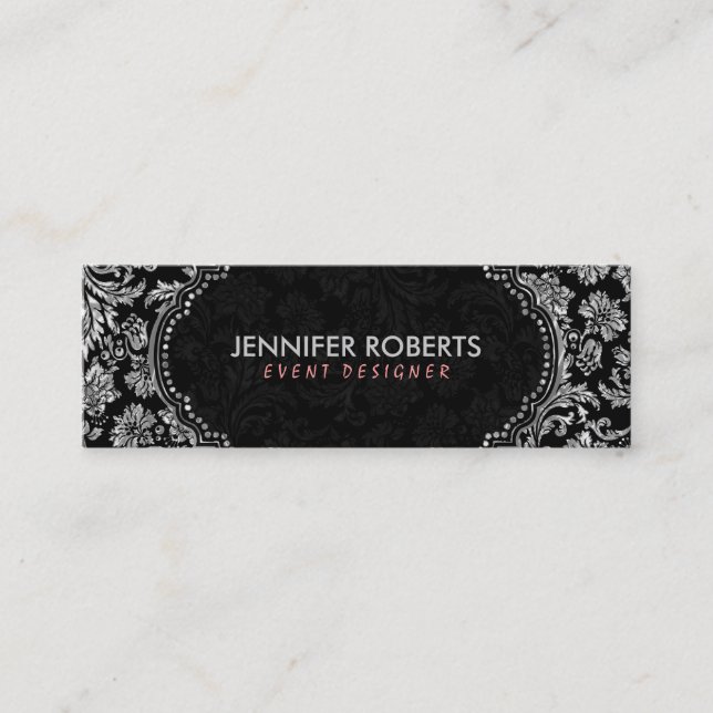 Elegant Black & Metallic Silver Floral Damasks Mini Business Card (Front)