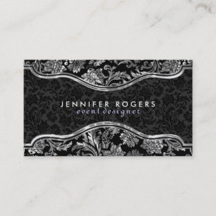 Elegant Black & Metallic Silver Vintage Damasks Business Card