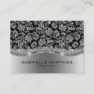Elegant Black & Metallic Silver Vintage Damasks Business Card