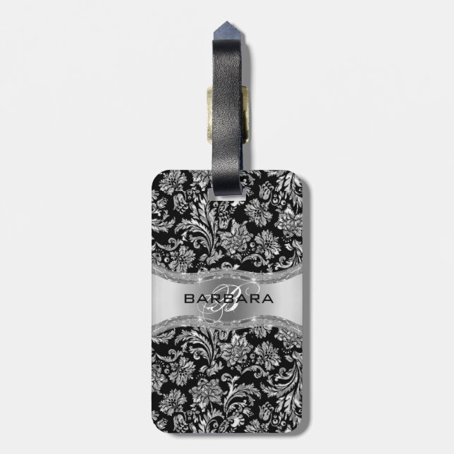 Elegant Black & Metallic Silver Vintage Damasks Luggage Tag (Back Vertical)