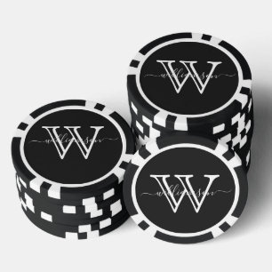 Elegant Black Minimal Name and Monogrammed Poker Chips