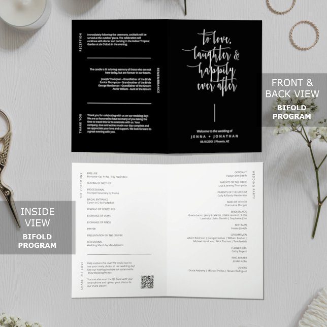 Elegant Black Minimal QR Code Wedding Folded Programme (Creator Uploaded)