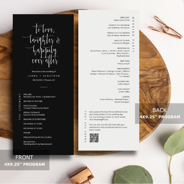 Elegant Black Minimal Script QR Code Wedding Flat Programme (Creator Uploaded)