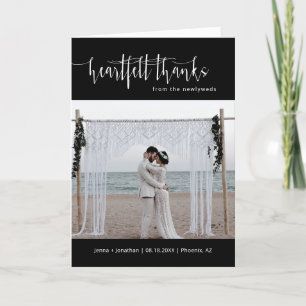 Elegant Black Minimal Script Wedding Photo Folded Thank You Card