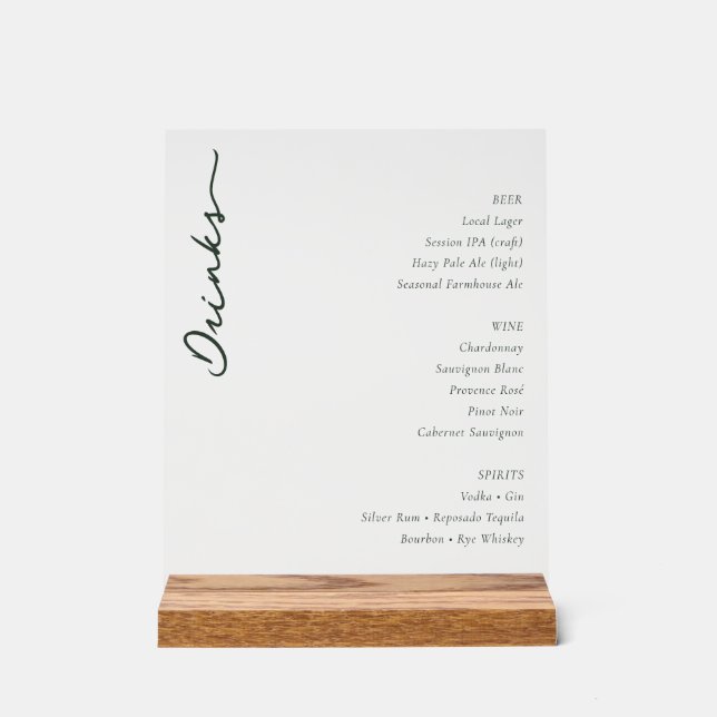 Elegant Black Minimalist Beverage Menu Acrylic Sign (Front)