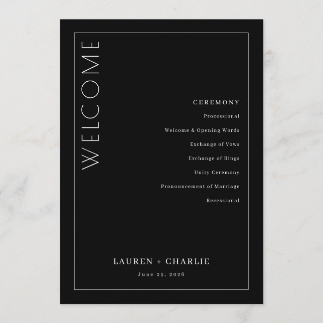 Elegant Black Minimalist Ceremony Program Programme (Front)