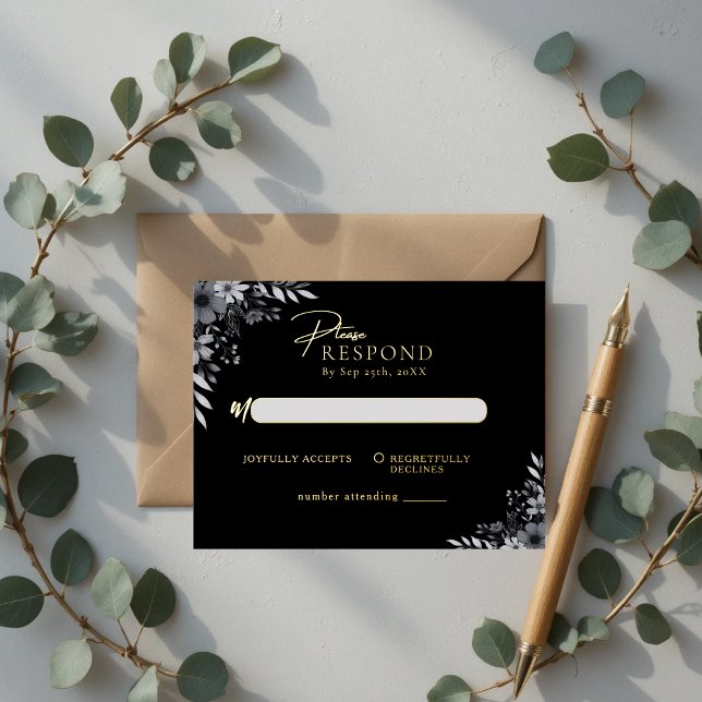 Elegant Black Minimalist Floral Wedding RSVP Foil Invitation Postcard (Elegant Black Minimalist Floral Wedding RSVP Foil Invitation Postcard)