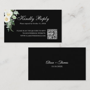 Elegant Black Minimalist Floral Wedding RSVP QR Enclosure Card