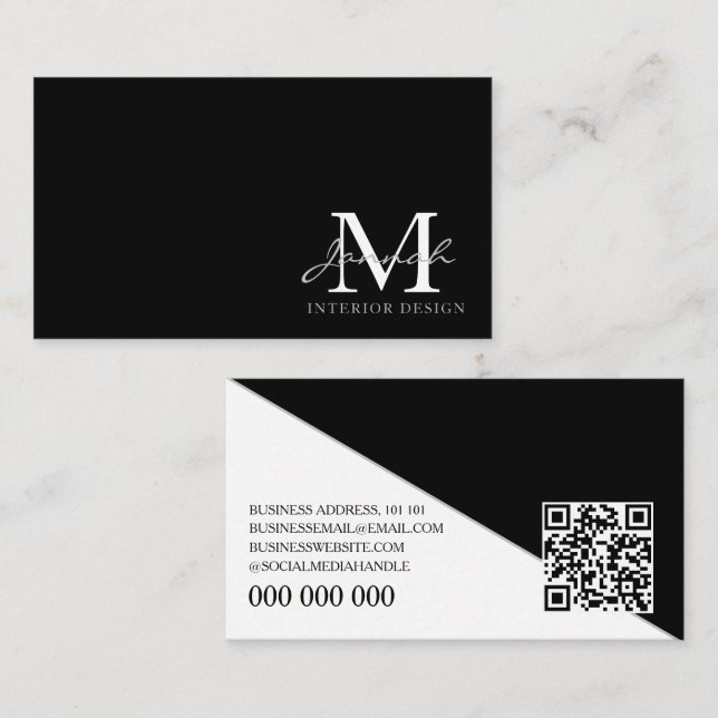Elegant Black Minimalist Interior Design Monogram Business Card (Front/Back)