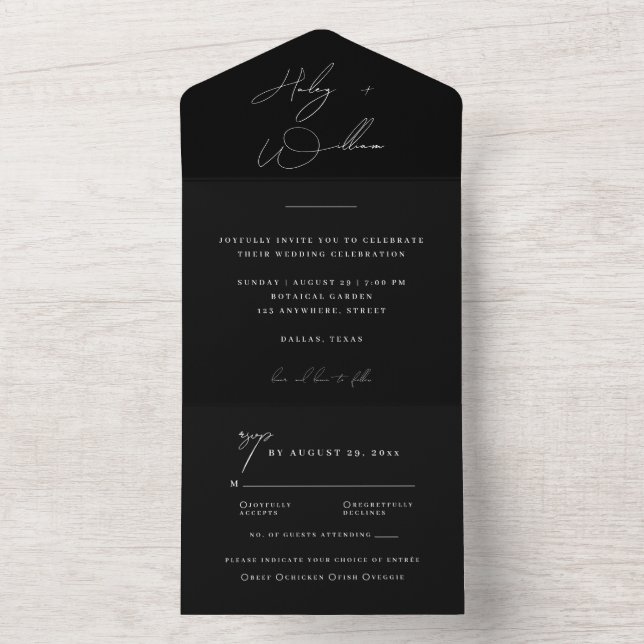 Elegant Black Minimalist Script All In One Wedding Invitation (Inside)