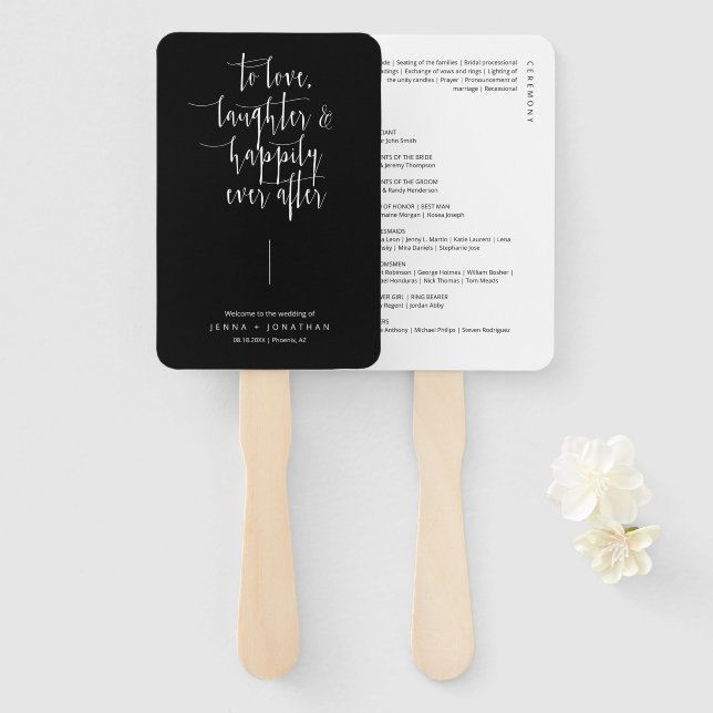Elegant Black Minimalist Script Wedding Program Hand Fan (Front and Back)