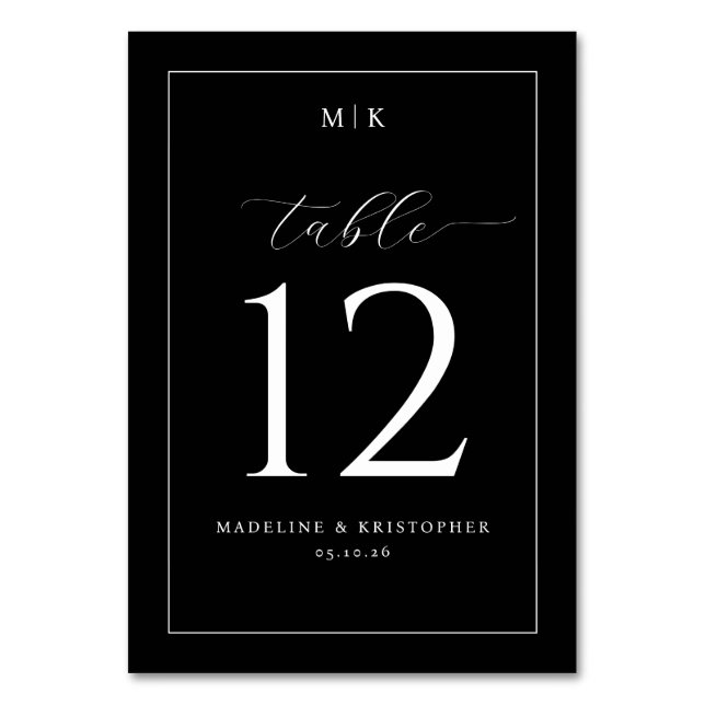 Elegant Black Minimalist Table Number (Front)