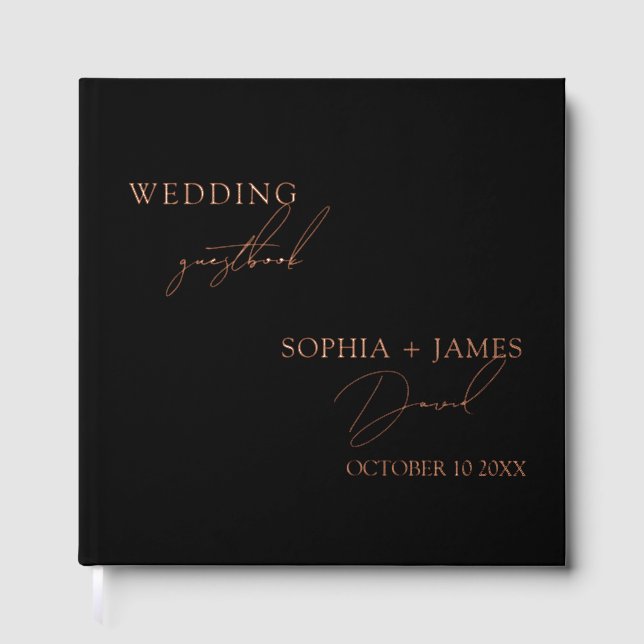 Elegant Black Minimalist Wedding Foil Guest Book (Front)
