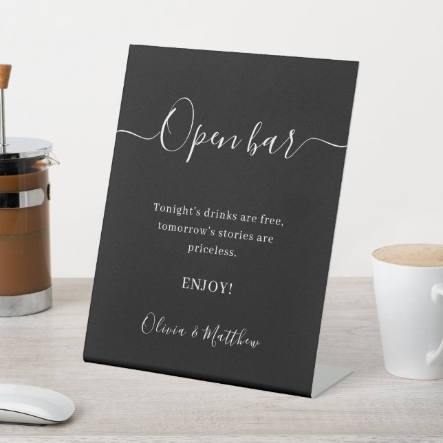 Elegant Black Minimalist Wedding Open Bar Pedestal Sign (In SItu)