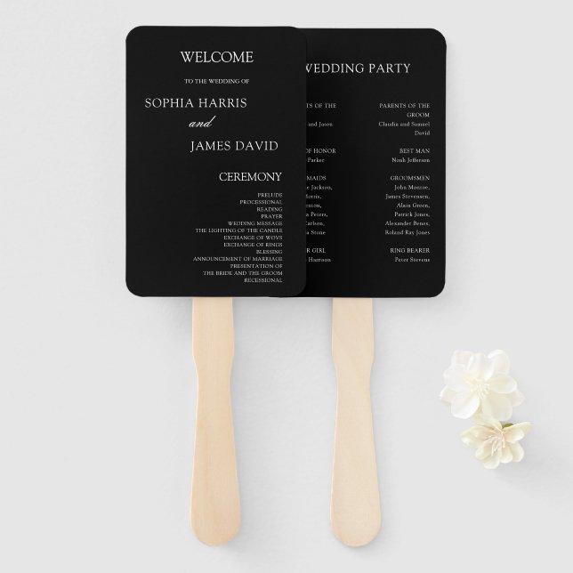 Elegant Black Minimalist Wedding Programs Hand Fan (Front and Back)
