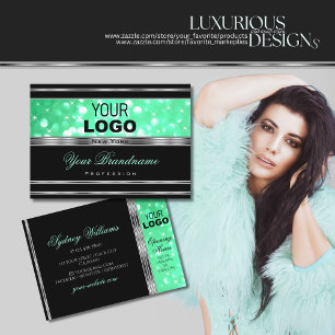 Elegant Black Mint Green Glitter Stars Logo Silver Business Card