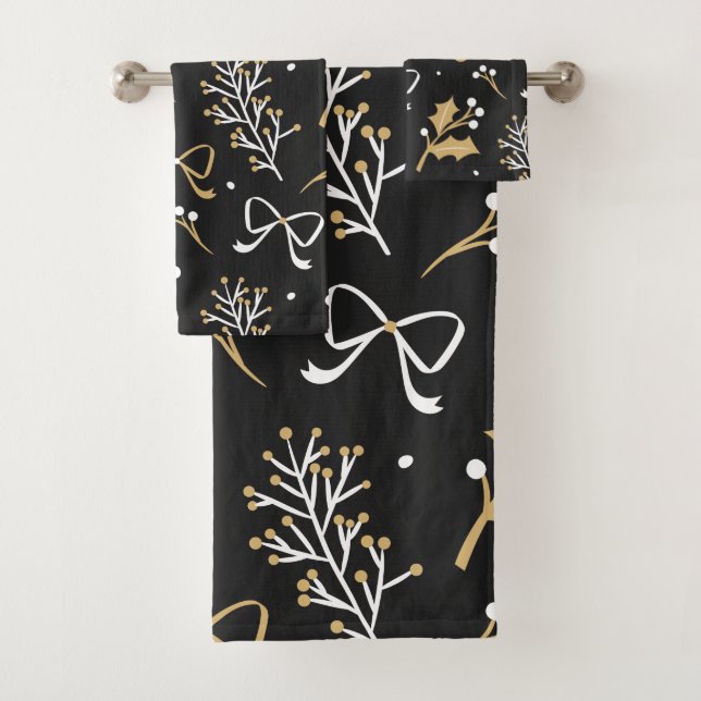Elegant Black Mistletoe & Ribbon Christmas Pattern Bath Towel Set (Insitu)